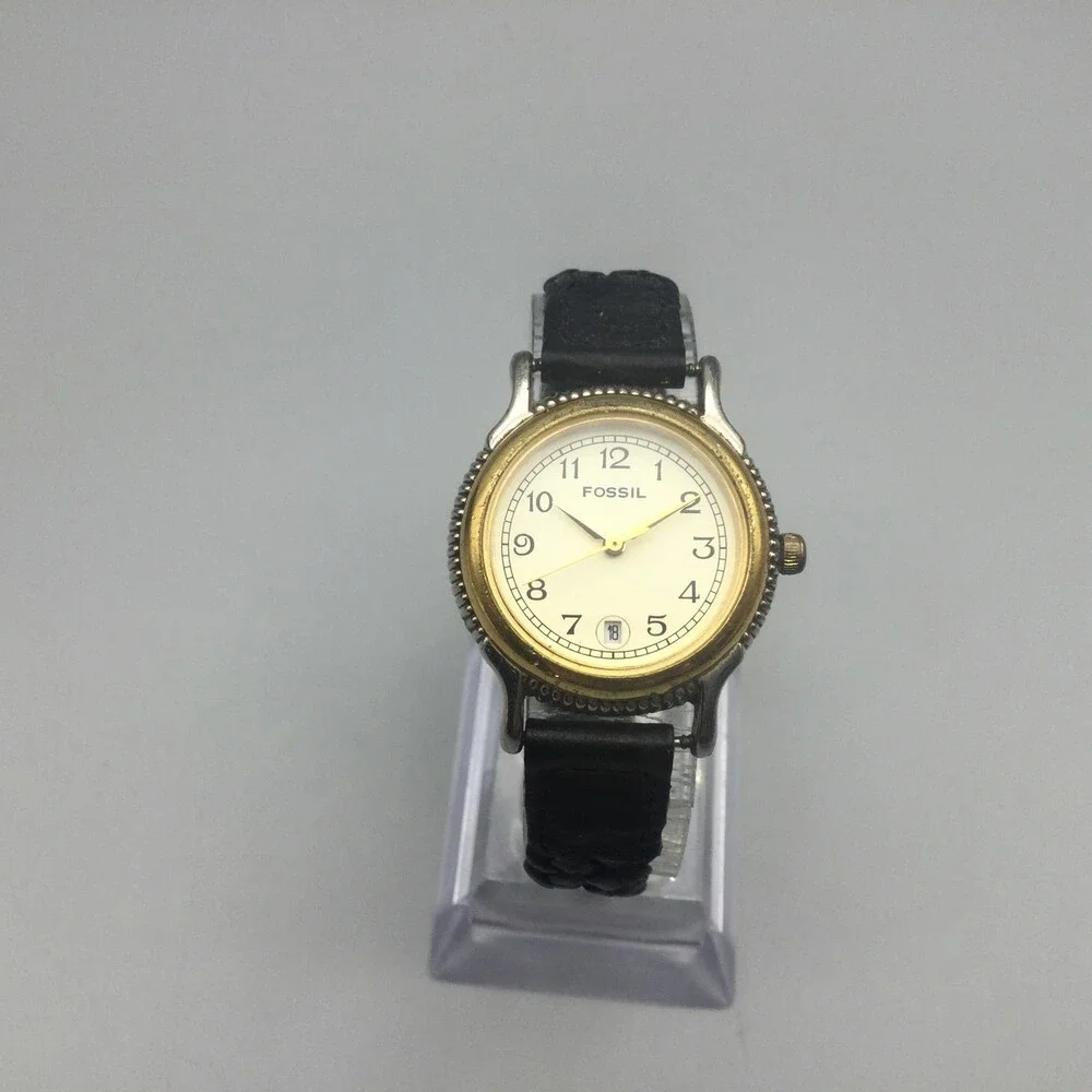 Vtg Fossil Women Watch 27mm Two Tone Braided Black Leather Date New Battery